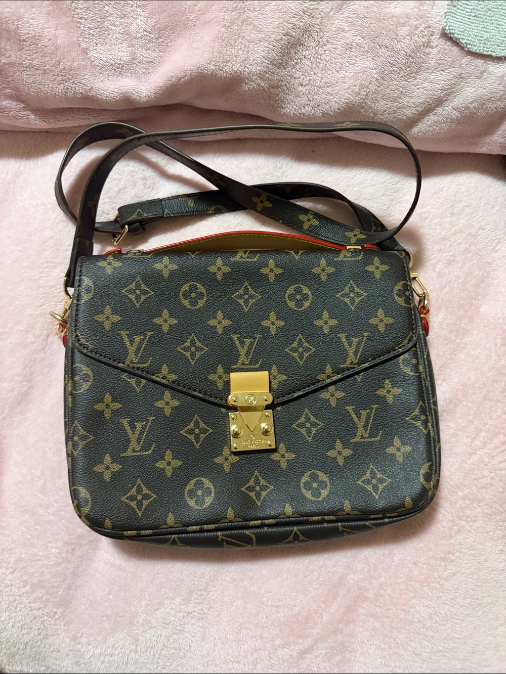 Monogram Crossbody Bag with Gold Lock and Red Trim